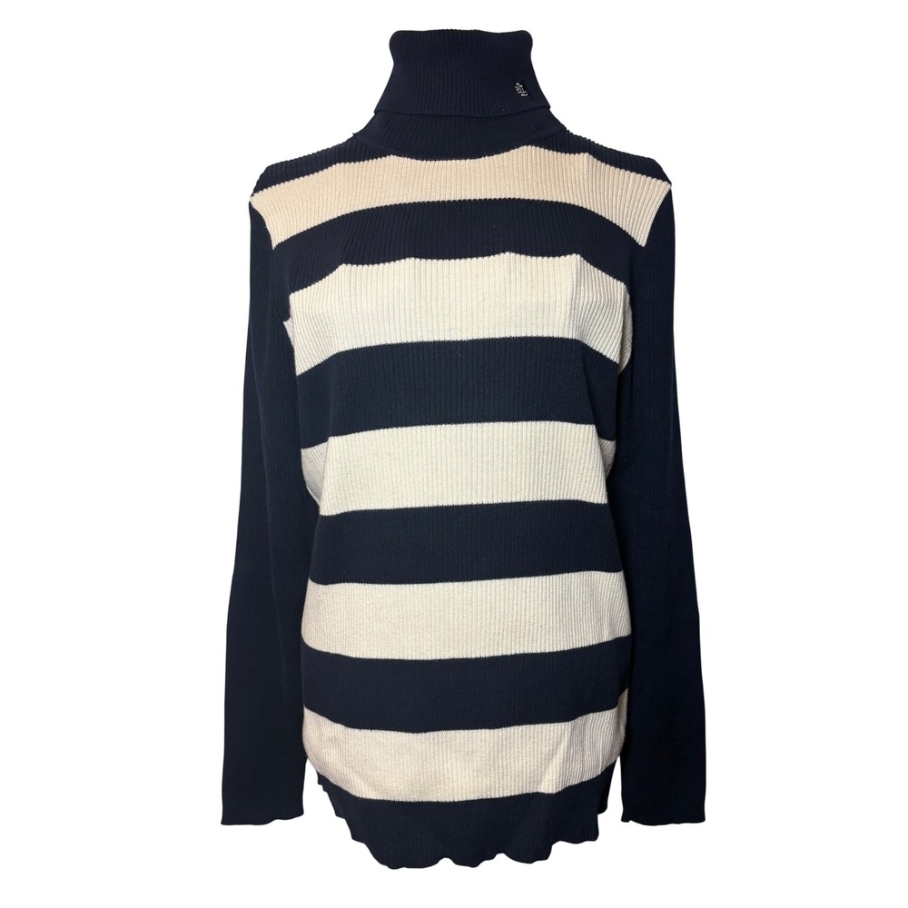 Lauren Ralph Lauren Navy Blue & Cream‎ Striped Ribbed Cotton Turtleneck - XL